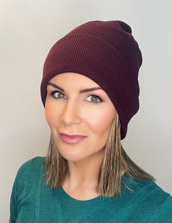 Plum Beanie With Short Hair Attached Etsy