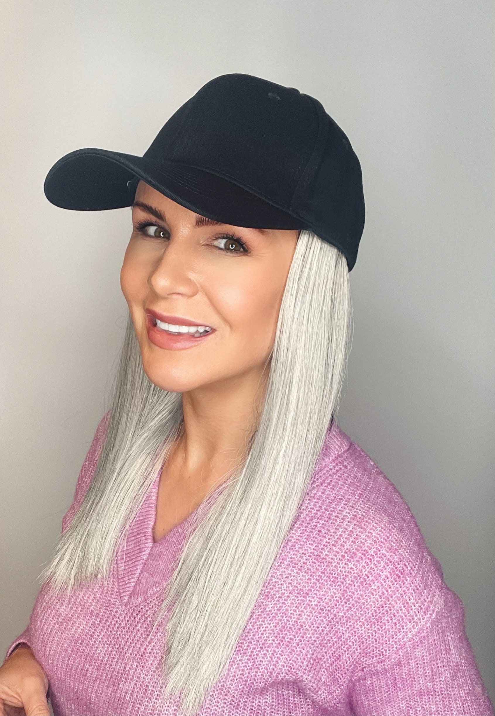 Black Baseball Cap With Long Hair Attached Etsy