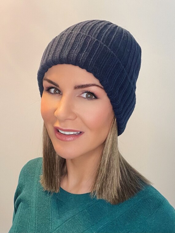 Navy Beanie With Short Hair Attached 
