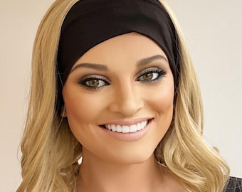 Parrucca con fascia per capelli ondulata da spiaggia, biondo champagne premium, con mèches, parrucca con fascia, parrucca sportiva, parrucca con coda di cavallo, parrucca autunnale con fascia, parrucca da palestra, parrucca da nuoto.
