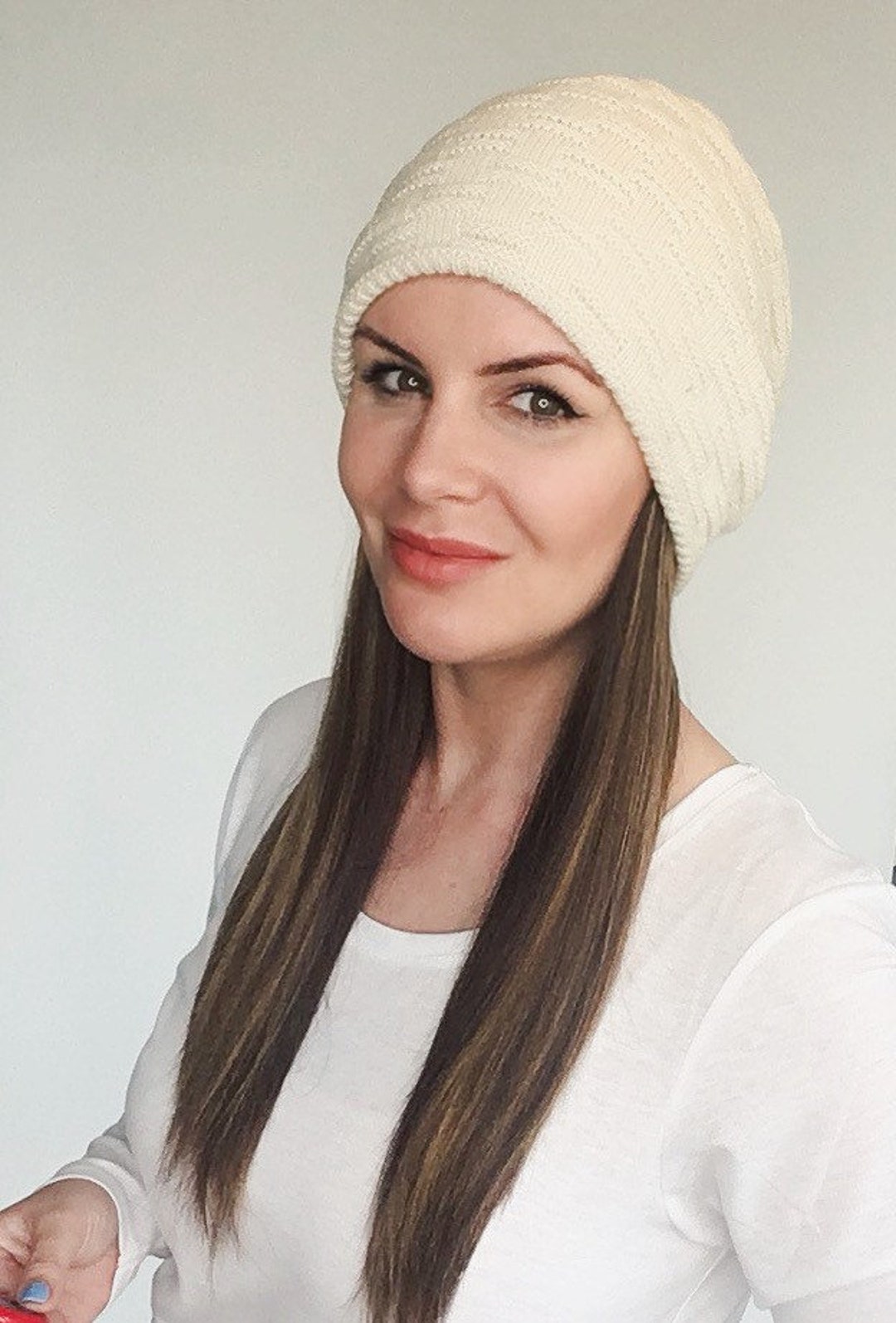 Soft Cream Beanie Hat With Hair Attached Chemo Hat With Hair Alopecia