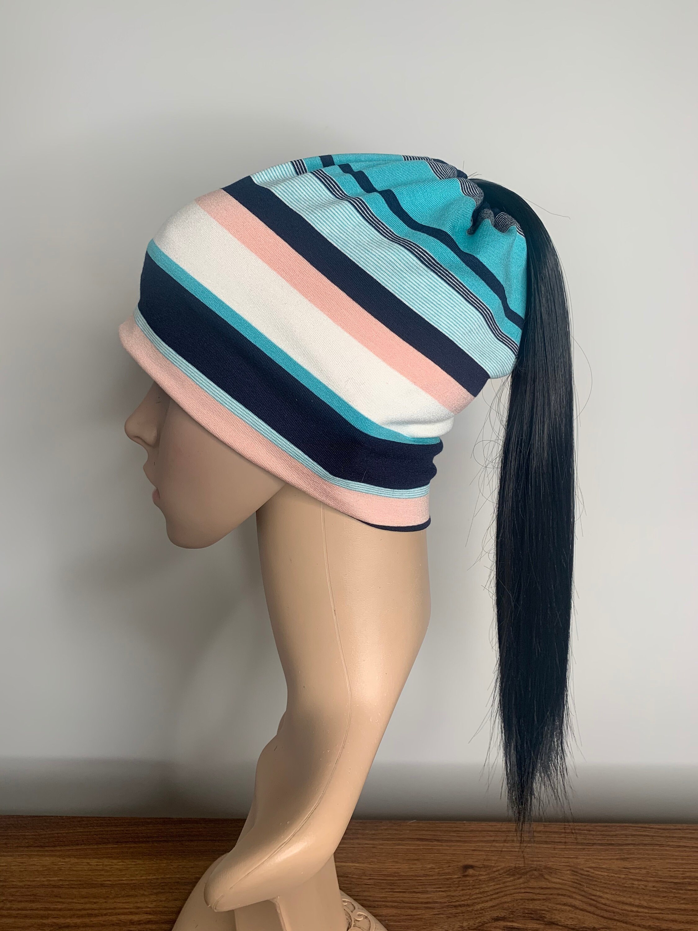 Striped Hat with ponytail wig attached Etsy
