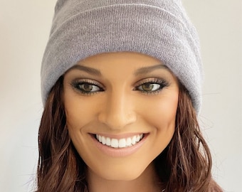 Winter beanie with soft short wave hair attached| hat with hair attached| hat wig| cap with hair| hat hair|wig hat|wig hair/dusky blue