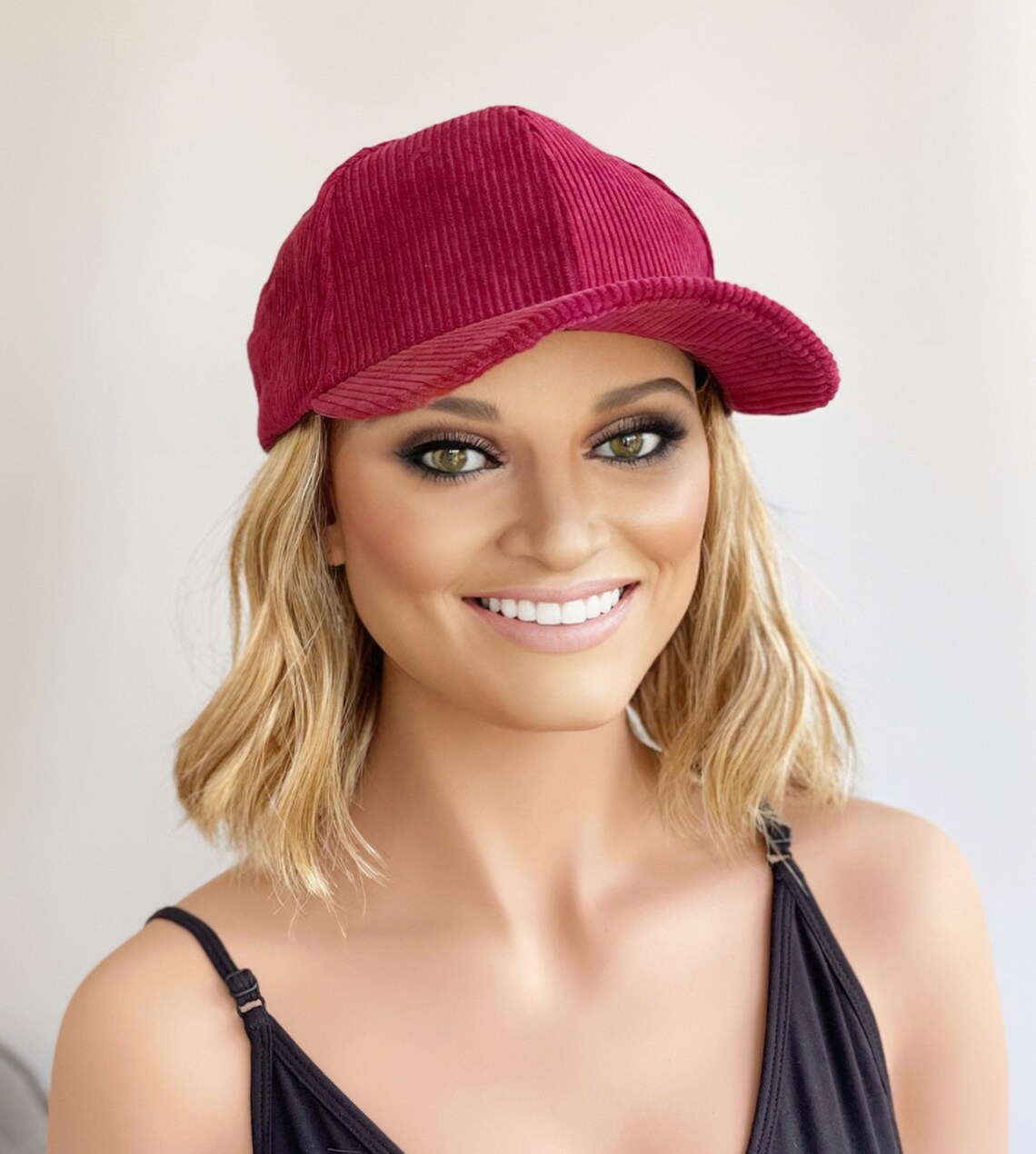 Raspberry Baseball Raspberry Corduroy Baseball Cap With Short Wavy Hair Attached| Hat With ...