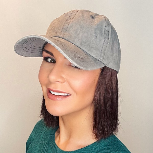 Grey baseball cap with short hair attached| hat wig| hat with hair attached| hat with hair| cap with hair| hat hair| hair hat| sports cap