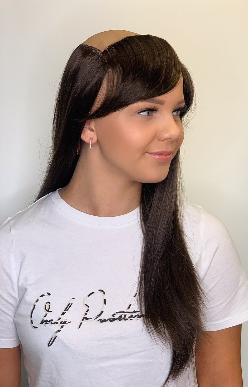 Lace Top Hair Halo With Detachable Bangs Colour Medium Brown Etsy