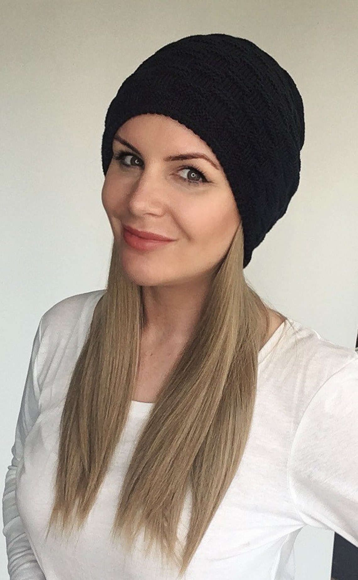 Soft Navy Beanie Hat With Hair Attached Chemo Hat With Hair Etsy