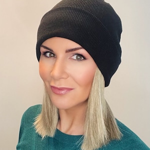 Black beanie with hair attached | hat with hair attached| hat wig| cap with hair| hat hair|wig hat|wig hair