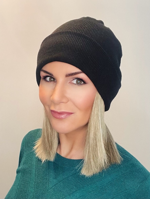 Black beanie with hair attached - hat wig