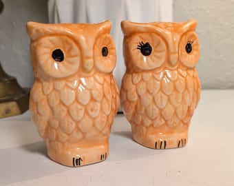 Ceramic Owl Salt & Pepper Shakers Set Orange White Black Glossy Animal Pair