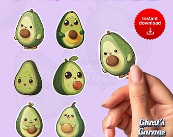 Avocado Sticker Sheet: 6 Adorable Designs, Instant Download, Print and Cut Digital PNG Stickers