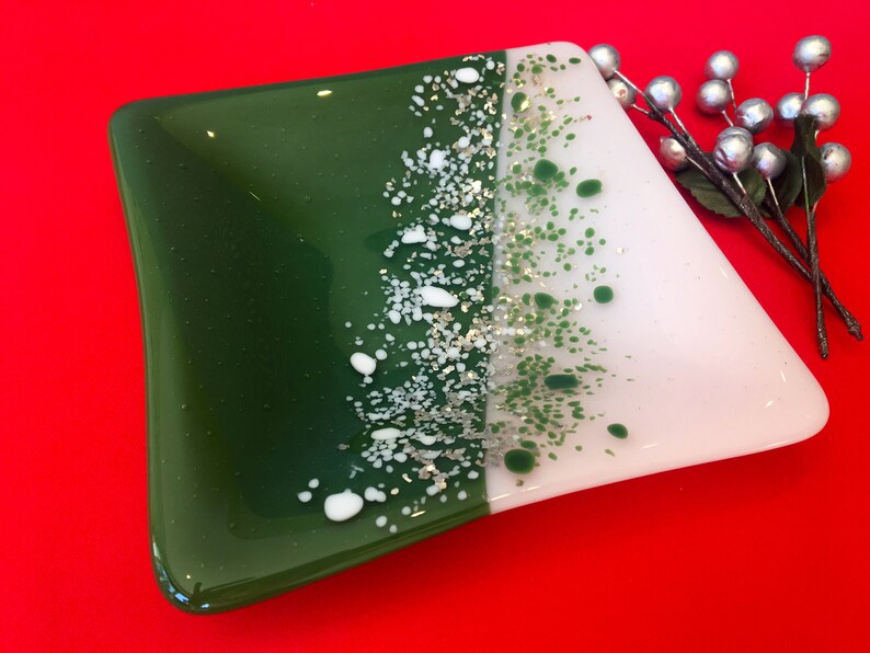 Green and white fused glass square plate 'Christmas Etsy