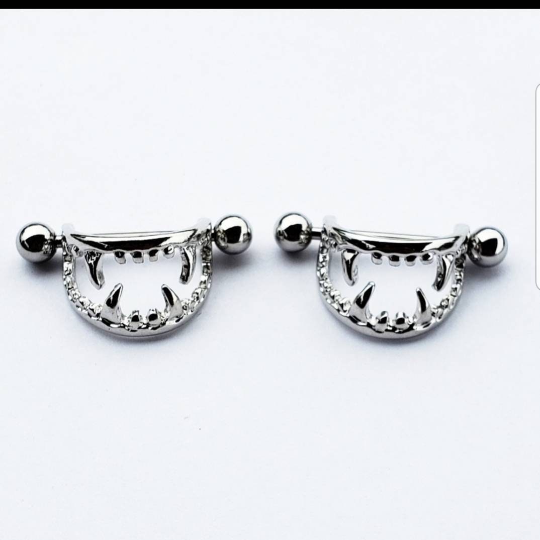Pair Dracula Vampire Teeth Fangs Nipple Shields Rings Body Jewelry Sieraden Lichaamssieraden Tepelsieraden 