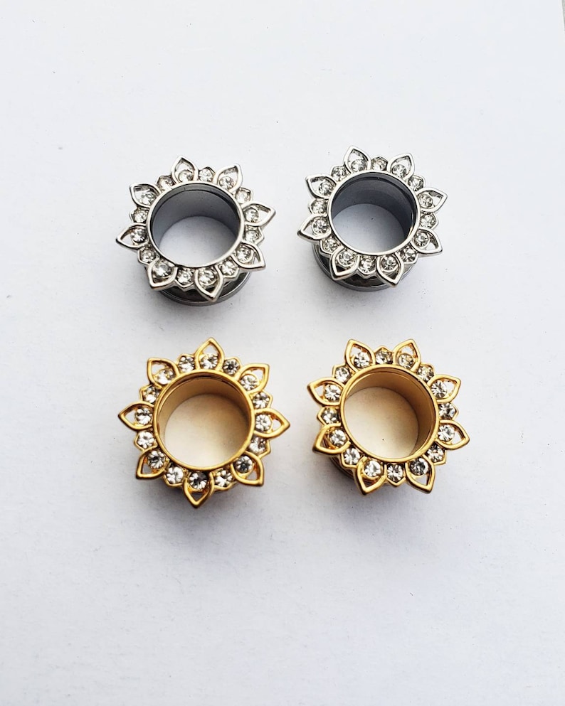 Flower Ear Plugs and Tunnels Lotus Flower Clear Gem Metal Etsy