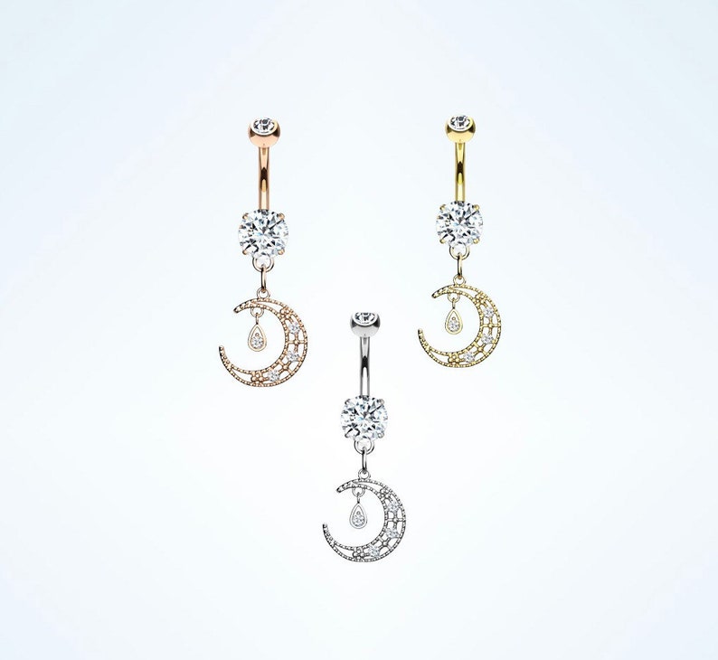 14g dangle moon navel piercing gem paved belly jewelry Crescent moon belly ring