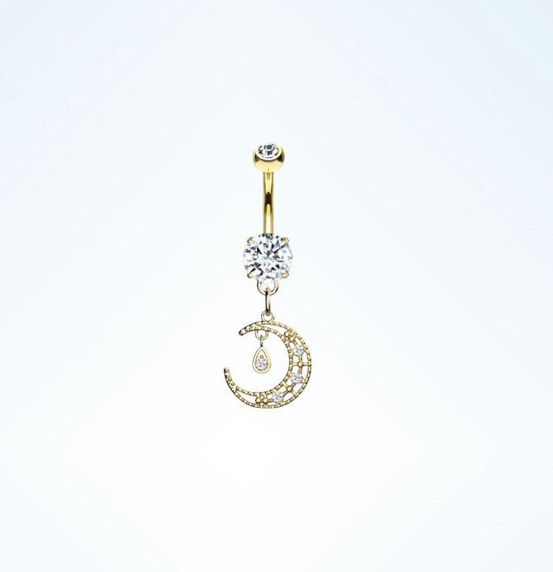 14g dangle moon navel piercing gem paved belly jewelry Crescent moon belly ring