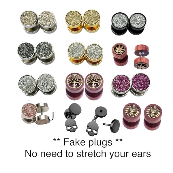 Fake plugs, screw back earrings, faux stretchers earring jewelry, men women unisex ear studs (2 pieces)