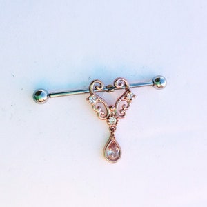 Rose gold dangle industrial bar, industrial piercing jewelry ornate barbell