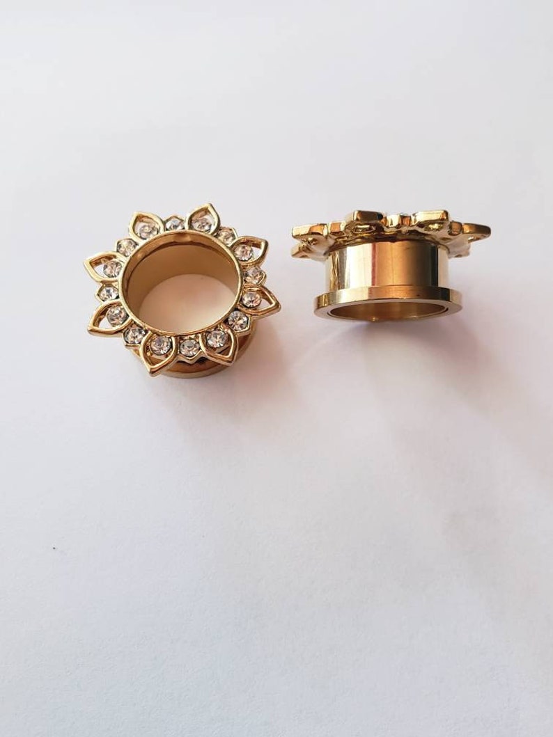 Flower Ear Plugs and Tunnels Lotus Flower Clear Gem Metal Etsy
