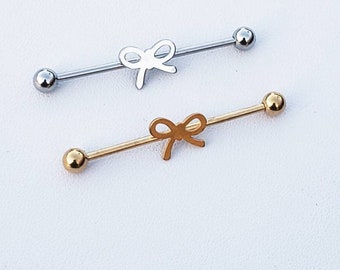 14g bow industrial barbell, gold color and silver ear cartilage bar piercing, helix jewelry