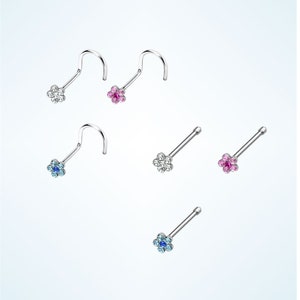 Flower shape nose stud, 20g nose ring, screw shape, nose bone, nostril jewelry pink blue clear