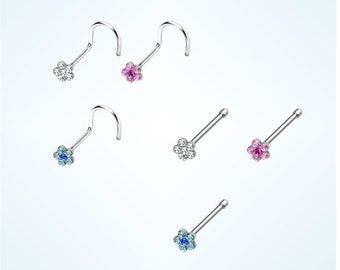 Flower shape nose stud, 20g nose ring, screw shape, nose bone, nostril jewelry pink blue clear