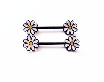 White daisy nipple rings, 14g flower nipple shield, nipple jewelry barbell