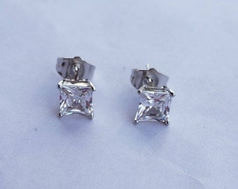 Square stud earrings, men women unisex, square shape jewelry zirconia clear gem