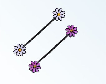 Daisy industrial bar, 14g flower scaffold cartilage helix tragus barbell piercing body jewelry (1 piece)