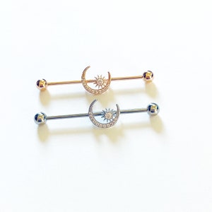 Moon sun shaped industrial bar, industrial barbell, rose gold and silver color, 14g scaffold bar