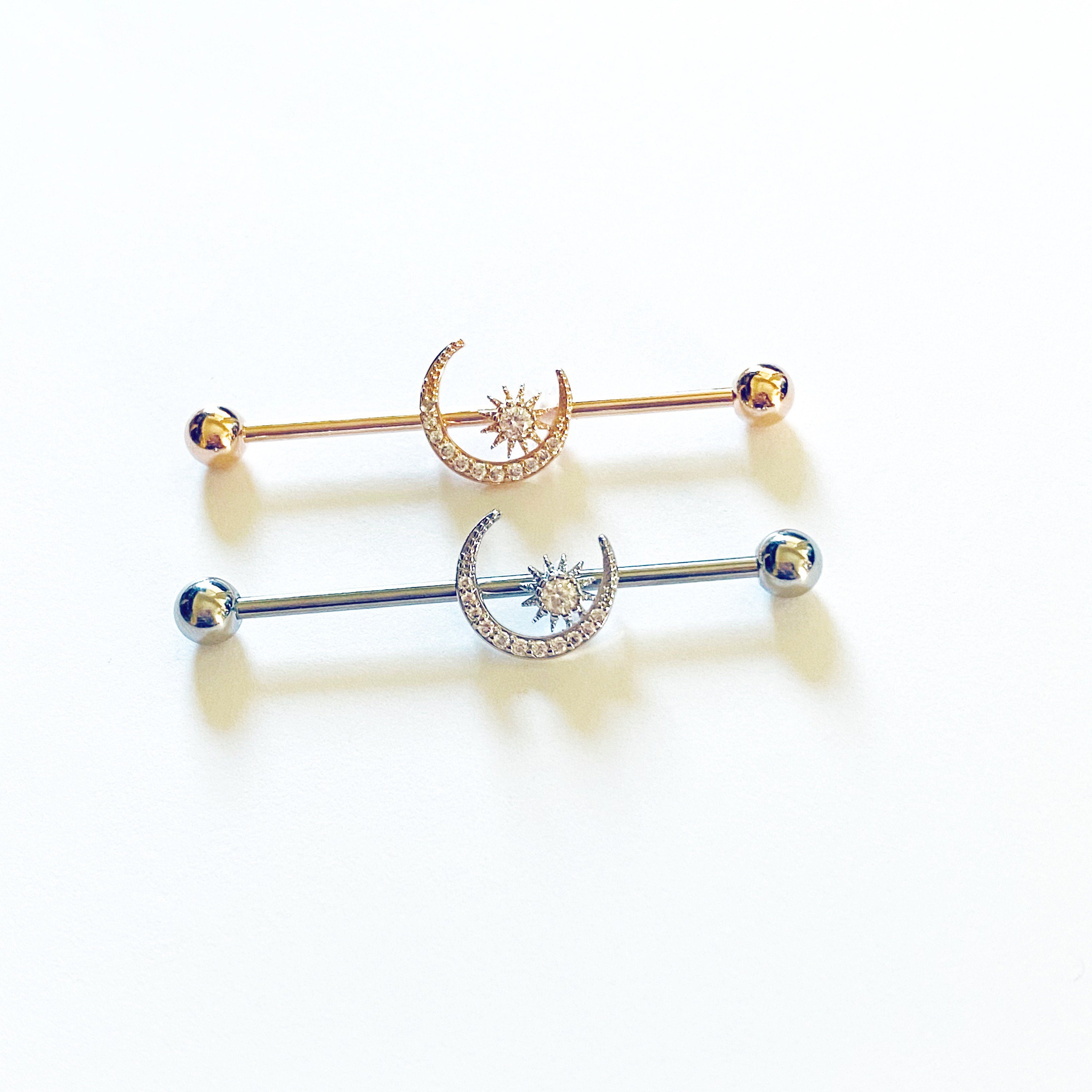 Moon Sun Shaped Industrial Bar Industrial Barbell Rose Gold and