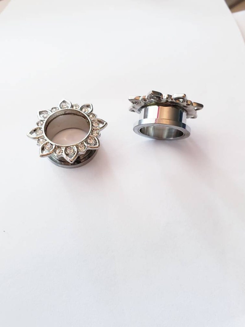 Flower Ear Plugs and Tunnels Lotus Flower Clear Gem Metal Etsy