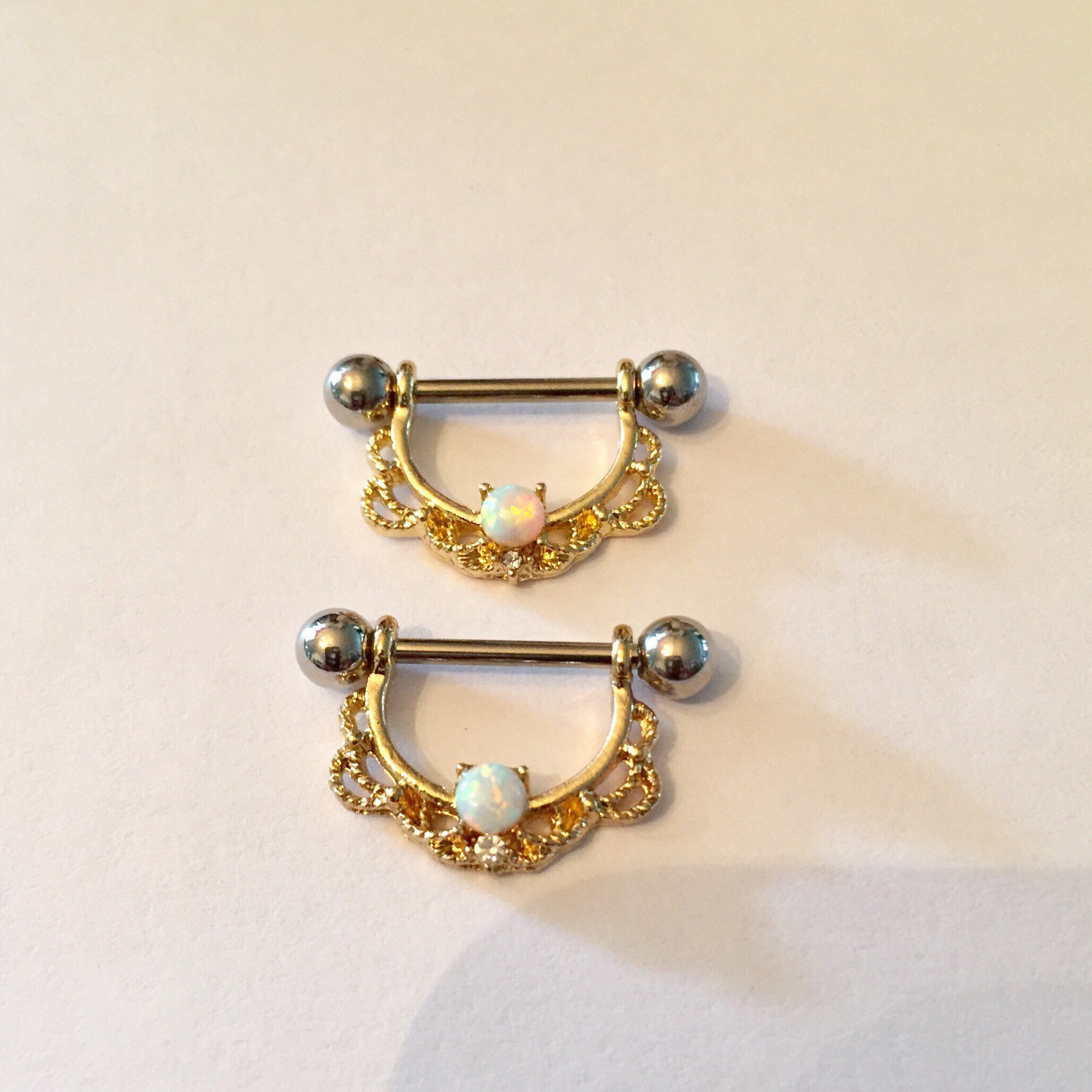 Rose Gold Opal Ornate Nipple Ring Piercing Shield Jewelry Barbell