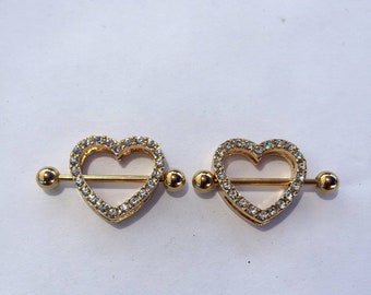 14G Triplex Heart Shaped Nipple Rings Rose Gold Nipple Shields Set