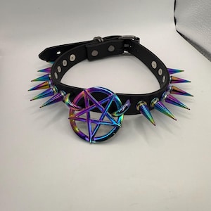 Thin Rainbow Pentagram Spiked Choker