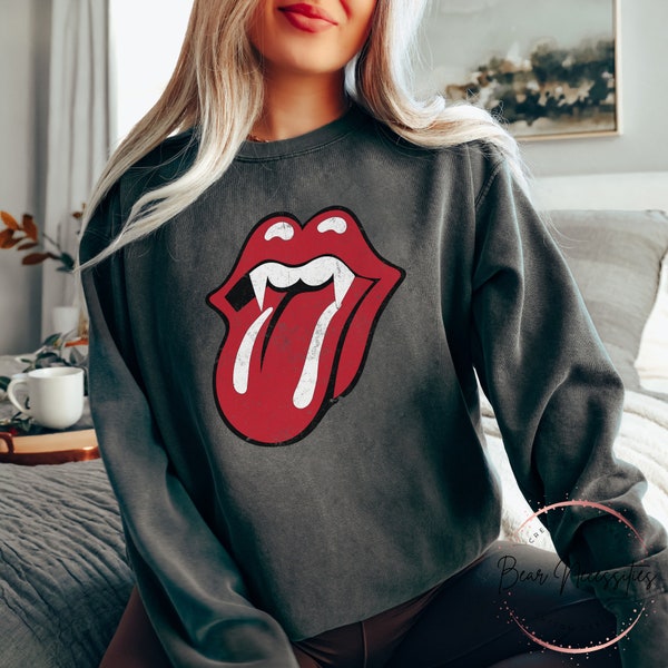 Comfort Colors® Vampire Lips & Tongue Sweatshirt | Vampire Sweater | Rock Band Crewneck | Halloween Sweatshirt | Unisex Crewneck Sweatshirt