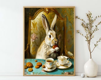 Bunny Tea Party Art Print, Rabbit Tea Time Wall Decor, Cute Animal Illustration, Nursery Art, Animal Lover Gift