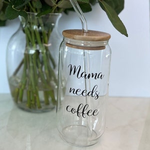 Glass Cups With Bamboo Lids and Glass Straws 18 Oz, Iced Coffee Glass,  Secret Santa Gift, Housewarming Gift, Ice Coffee Tumbler 