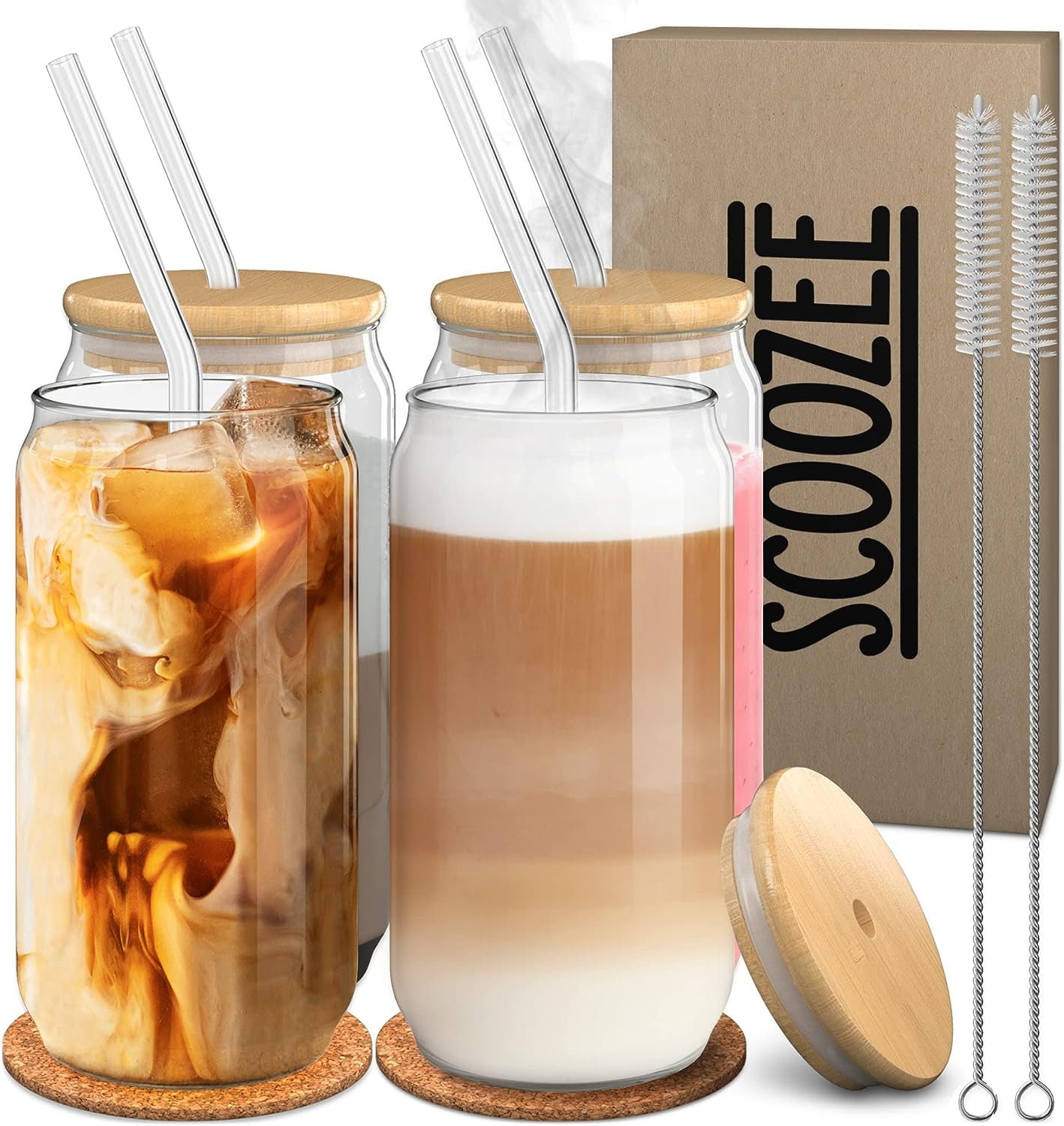 Glass Cups With Bamboo Lids and Glass Straws 18 Oz, Iced Coffee Glass,  Secret Santa Gift, Housewarming Gift, Ice Coffee Tumbler 