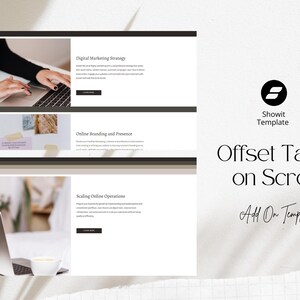 Modelo de site Showit com abas deslocadas e rolagem integrada para design web.