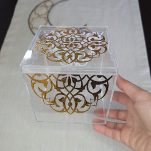 Ramadan Acrylic Box clear with golden islamic inspired pattern with lid, Ramadan decore, islamic decorative box