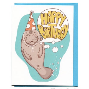 Carte Lamantin, pomme de terre de mer, joyeux anniversaire rétro