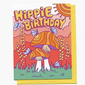 Carte d'anniversaire hippie, carte d'anniversaire de champignon, carte de champignon de joyeux anniversaire, carte de champignon