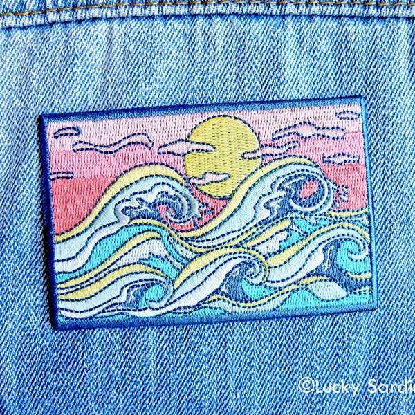 Ocean Patch, Ocean Waves Embroidered Patch, Sunset Patch, Ocean Sunset Patch