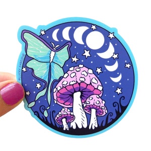 Sticker en vinyle Luna papillon de nuit et champignons, lune et étoiles