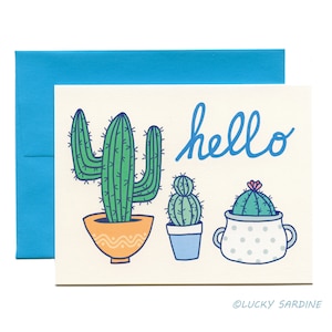Carte Cactus Hello, Carte Penser à vous, Carte Amitié, Carte Succulente, Carte Cactus