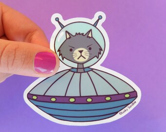 Cat Alien Vinyl Sticker, UFO Cat Sticker, Alien sticker, Feline sticker, Unidentified object, Funny Cat vinyl decal