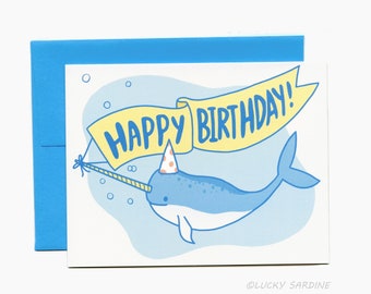 Narwhal Birthday Card, Cute Narwhal card, Happy birthday card, Unicorn of the sea Card