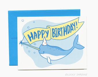 Narwhal Birthday Card, Cute Narwhal card, Happy birthday card, Unicorn of the sea Card