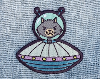 Cat Alien Iron On Patch, UFO Embroidered Patch, Spaceship, UFO Patch